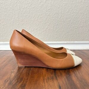 TORY BURCH Tiffy Two Tone Leather Wedge Pumps Cap Toe in Tan White